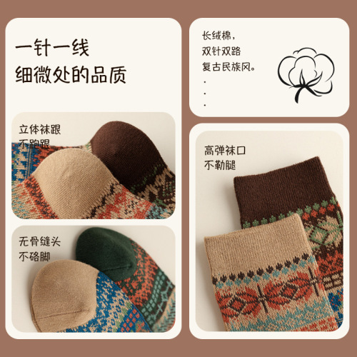 Autumn and winter retro socks for women, boneless ethnic style, double-way double-needle Birkenstock shoes, mid-calf socks, trendy combed cotton sports socks