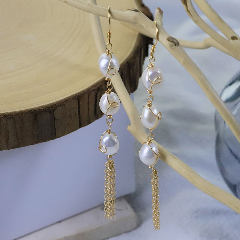 XlentAg aretes de perla natural aretes de bronce aretes largos para mujeres lujosos aretes de diseño manual de alta calidad