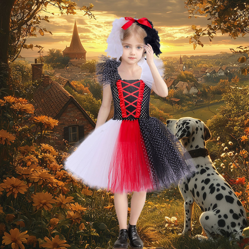黒と白の魔女クイアネットガーゼプリンセスドレスかわいい子犬チュチュスカートハロウィンcosコスプレ衣装|undefined