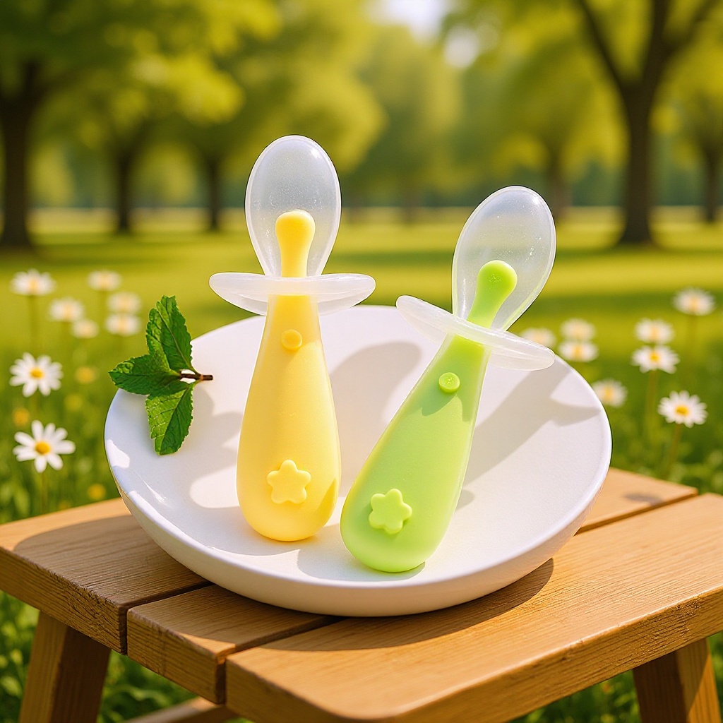 Baby Spoon Tableware Baby Food Feeding Soft-Head Spoon Training Spoon Children's Silicone Short Spoon with Shield