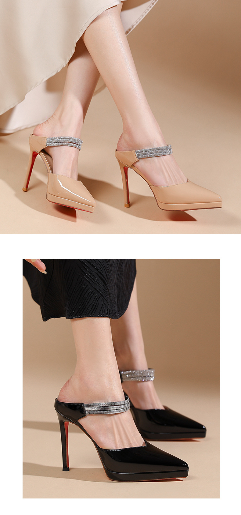 Sandal cao gót nữ mũi nhọn đính đá, quai một dây, gót 10 cm — Đen-10cm chi tiết 7