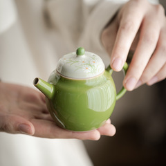 泥人叙草緑手描き小菊ティーポット釉薬下彩工夫茶器泡茶150ml陶磁器小品壺