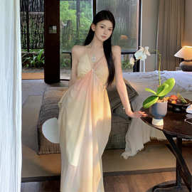 法式仙女超仙海边度假长裙垂坠感廓形吊带裙肌理感印花晕染连衣裙