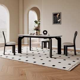 复古风岩板餐桌白蜡木实木大象腿桌子家用饭桌长方形桌椅一套组合