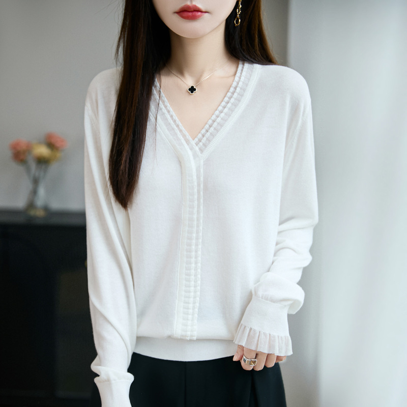 早秋新款时尚蕾丝拼接V领宽松针织衫女减龄气质显瘦百搭女装上衣|undefined