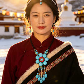 复古民族风仿松石花朵项链云南手工长款流苏秋冬毛衣链女藏式挂件