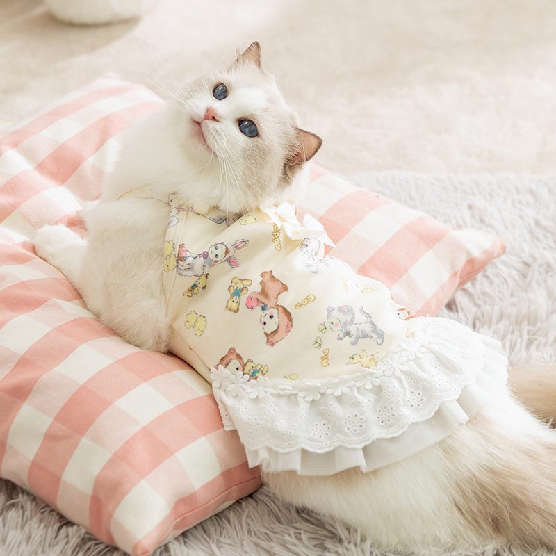 가을 겨울 고양이 옷, 스커트, 리본 레이스, 이중 배 보호, 가정복, 조끼, 스커트, 강아지 애완 동물 옷