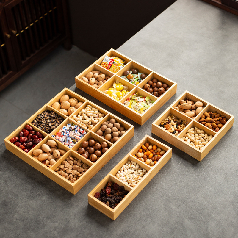 Bamboo Nine-Grid Tray for Tea Brewing, Dry Fruit and Snack Storage Tray, Three-Six-Nine Grid Hot Pot Serving Tray Wholesale