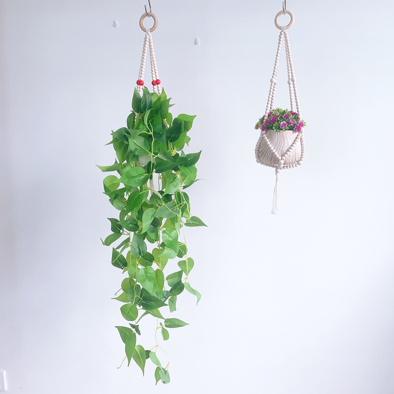 Ins北欧風木珠植木鉢吊りかご掛け装飾家庭装飾創意珠串流蘇植木鉢吊りかご|undefined