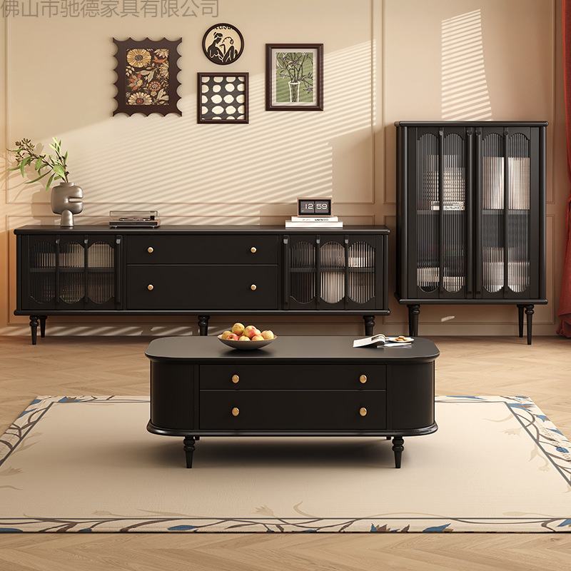 Medieval Style Glass Cabinet Door Solid Wood Audio-Visual Cabinet American Designer Living Room Wall Storage Tv Cabinet Side Cabinet Combination