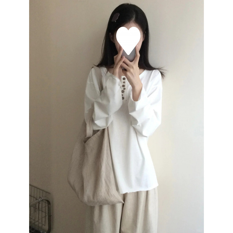 工厂直销批发 韩系白色纽扣长袖T恤女早秋宽松慵懒风松弛感罩衫上|undefined