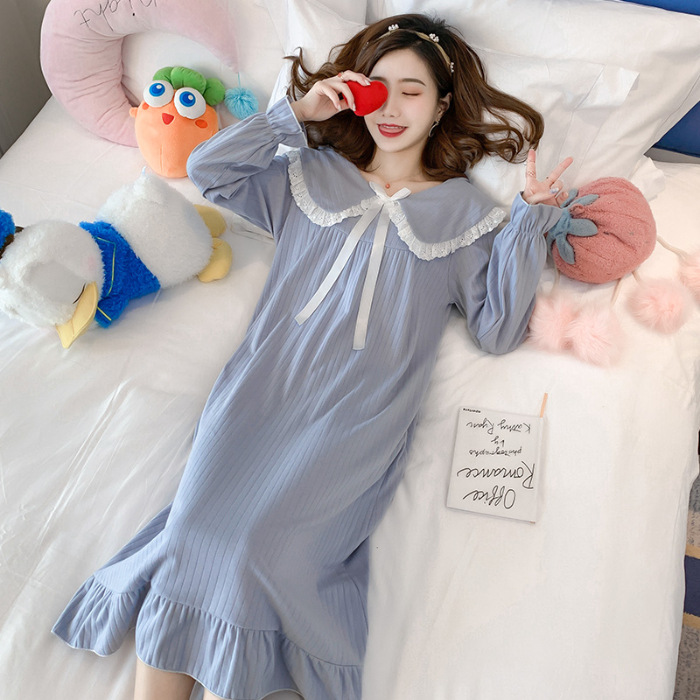 Pijama de mangas largas para mujeres sobre las rodillas pijama de viento primavera y otoño de hadas corte muñeca cuello princesa viento conjunto de verano
