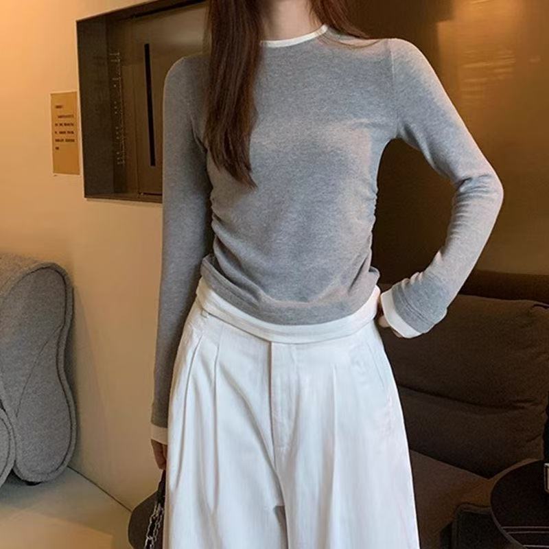 假俩件新款秋冬巨好看正肩棉长袖t恤女百搭洋气打底衫撞色上衣|undefined