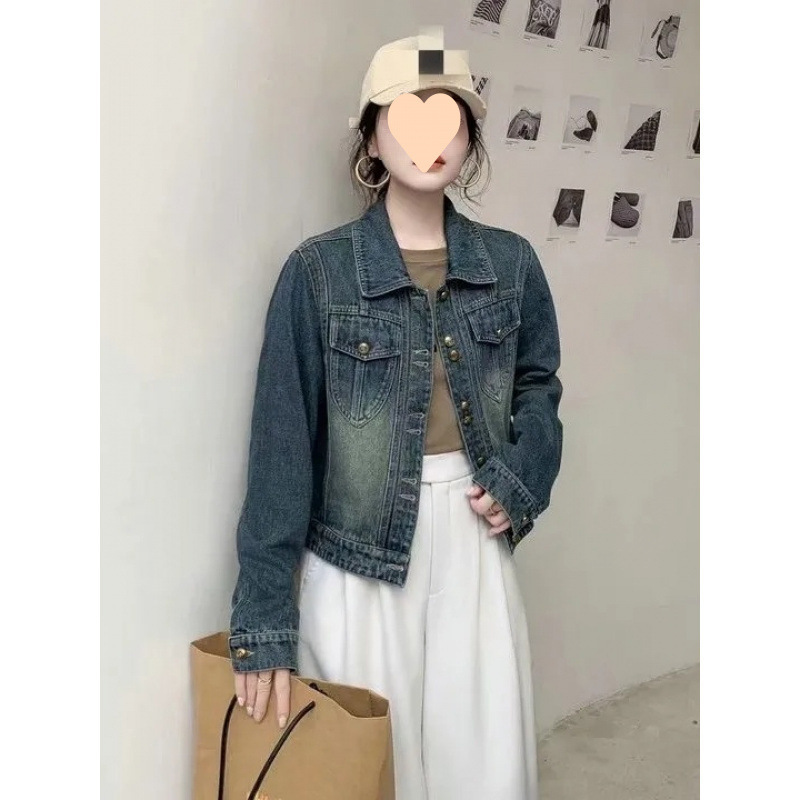 Xiaoxiangfeng ショートデニムジャケット女性のための 2025 秋韓国スタイルの新しい襟古い厚みのある気質デニムジャケット|undefined