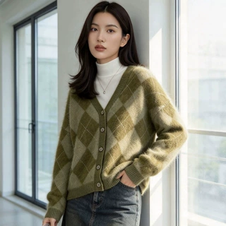 时尚纯山羊绒V领拉绒菱形开衫女秋冬新款宽松显瘦拉毛羊绒衫跨境