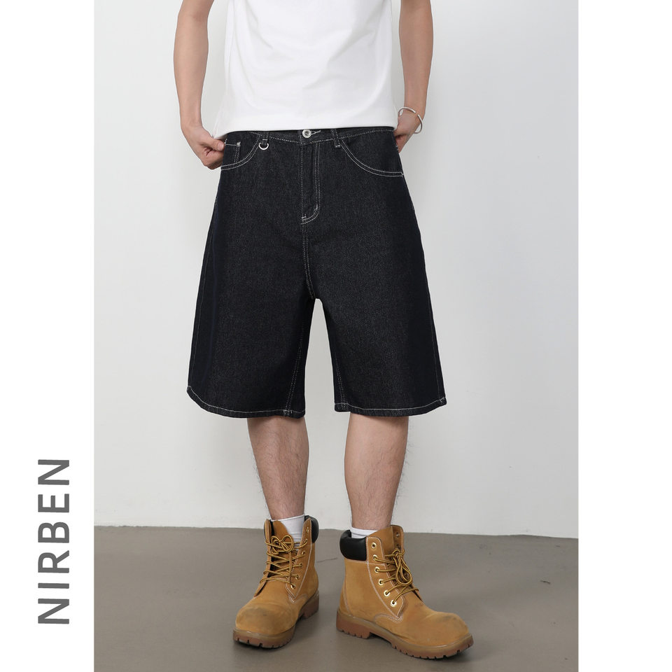 Quần short jean nam lửng ống rộng dáng suông phong cách retro, chất liệu denim thô — Denim đen, Xanh denim