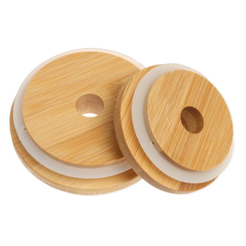 Venta caliente de Amazon transfronterizo Mason Cup tapa de bambú y madera con agujero taza de bebida tapa de frasco sellado tapa de botella de silicona bebida