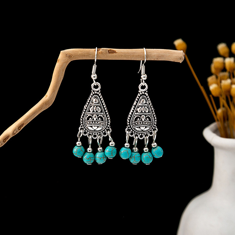 1 Pair Casual Retro Geometric Beaded Alloy Turquoise Drop Earrings display picture 4