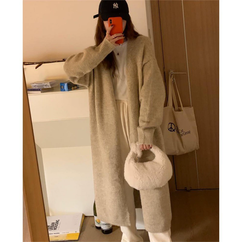 Женский вязаный кардиган выше колена средней длины, осень-зима 2021, новый свободный свитер в корейском стиле в стиле ретро, модный свитер