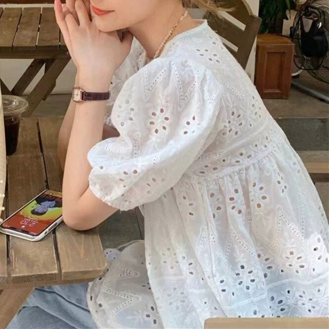 French White Design Hollow Lace Top Women's Summer Versatile Loose Short-Sleeved Shirt Puff Sleeve Shirt