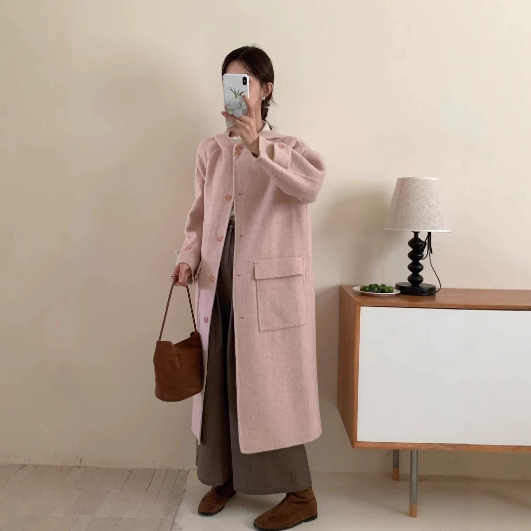 Интернет-красный взрыв 2024 осень и зима корейская версия двухстороннего шерстяного пальто с капюшоном