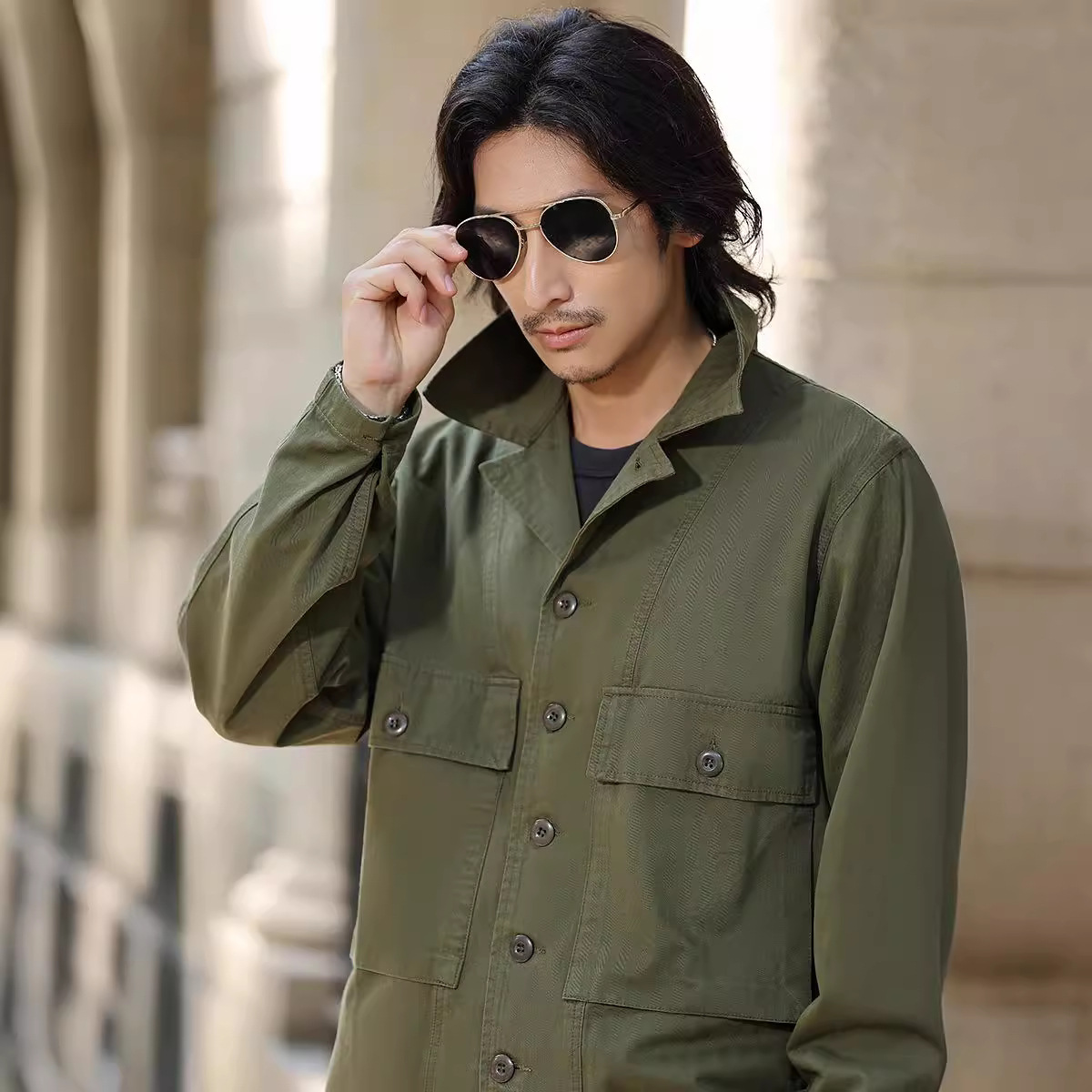 OKONKWO espiga patrón HBT camisa funcional campo chaqueta abrigo M43 cuello cubano manga larga camisa abrigo