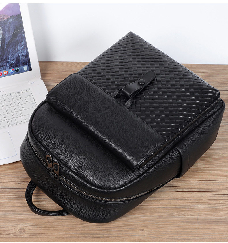 Ba lô nam da bò thật đan dệt đa chức năng có ngăn laptop 15 inch — Màu đen chi tiết 21