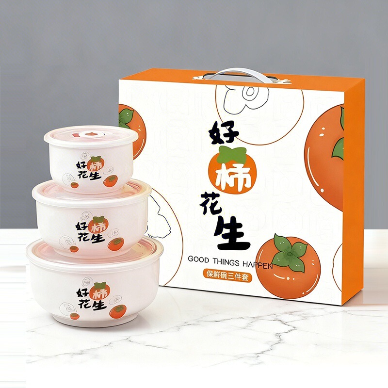 Ceramic Bowl, Fresh-Keeping Bowl, Three-Piece Set with Lid, Instant Noodle Bowl, Tableware Set, Microwave Oven, Wedding Gift, Gift Wholesale Bowl