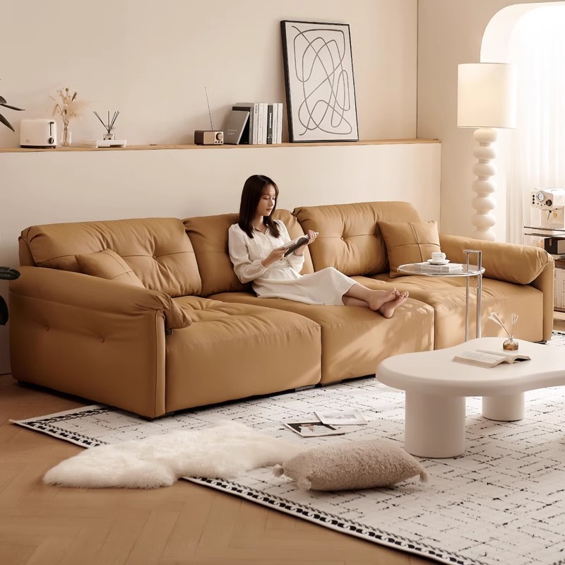 Sofá de cuero francés crema nube sala de estar retro marrón gran asiento profundo italiano minimalista sofá de orejas de elefante