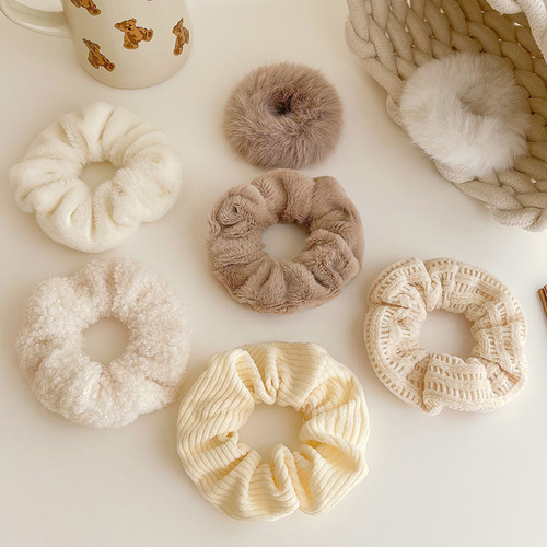 Winter plush pig intestine hair ring internet celebrity new simple furry hair rope rubber band women's hair rope leather set headwear