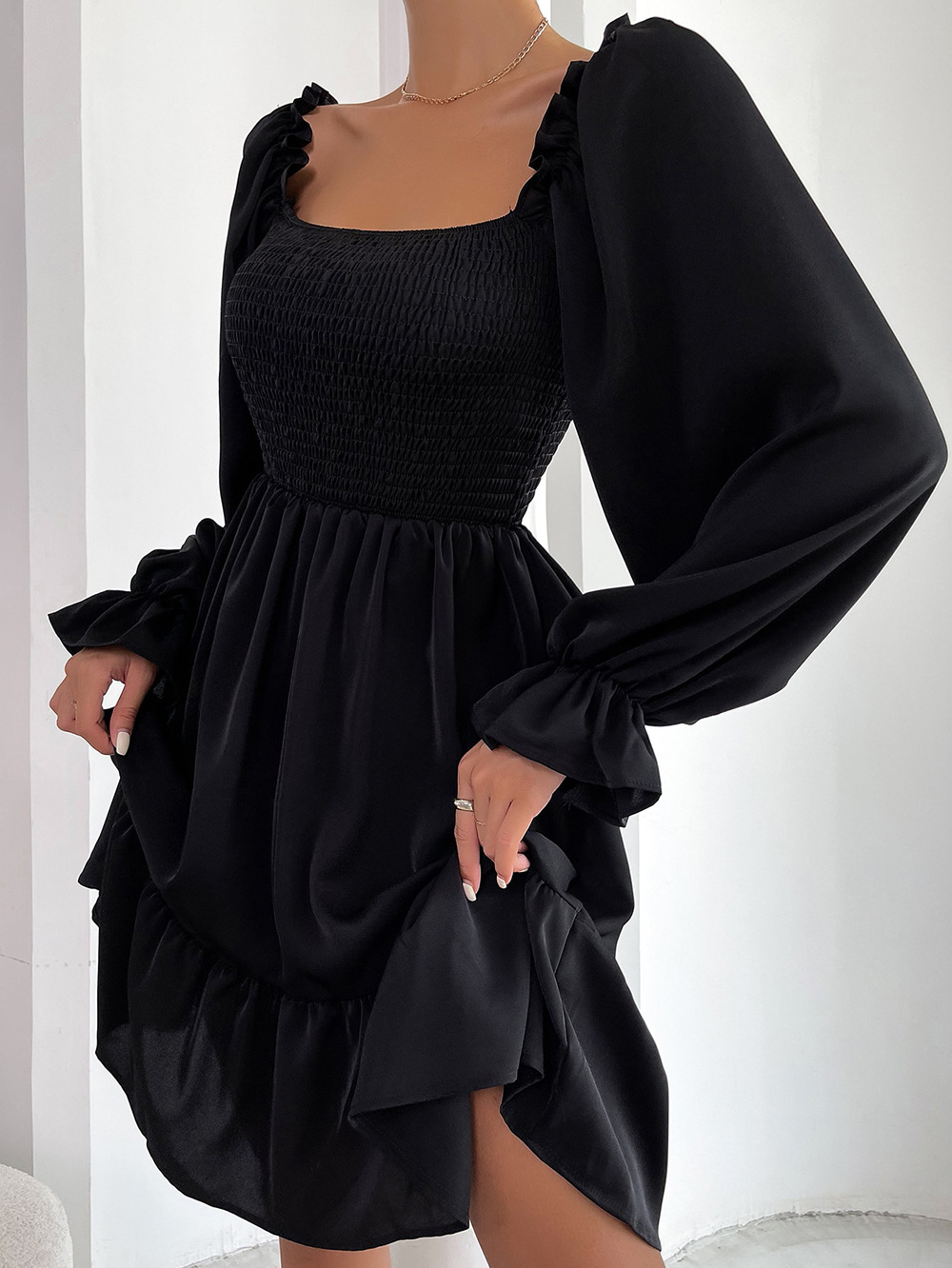 374g Weight Knee-Length Dress Length Type Long Sleeve Sleeve Length A-Line Skirt Dresses Type Flounce Sleeve Sleeve Type Polyester Fabric Type High Waist Waist Line Daily Occasion Square Neck Neckline Regular Fit Fit Type Solid Color Pattern Summer, Spring, Autumn Season Women'S Gender Ruffles Design Fashion Style Wholesale Women'S Fashion Ruffles Solid Color Daily Square Neck Long Sleeve A-Line Skirt 11