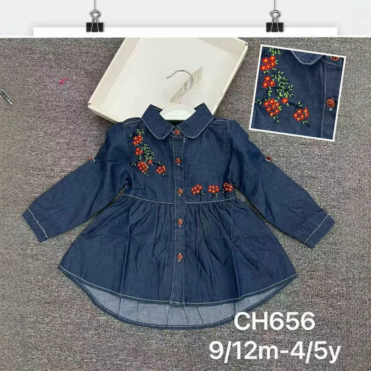 Girls' Embroidery Denim Dress with Ruffled Collar and Long Sleeves