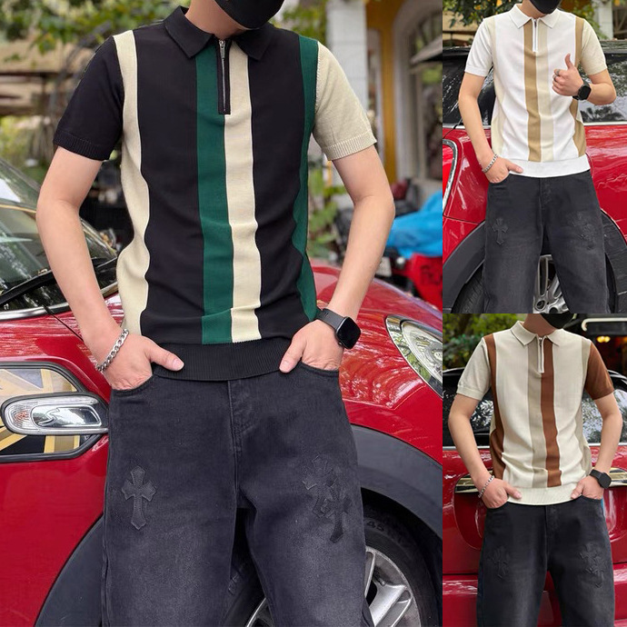 Polo camiseta camiseta de punto camiseta de manga corta camiseta de hombre a rayas solapa medio cremallera vieja fábrica de hielo de verano transfronteriza mayorista