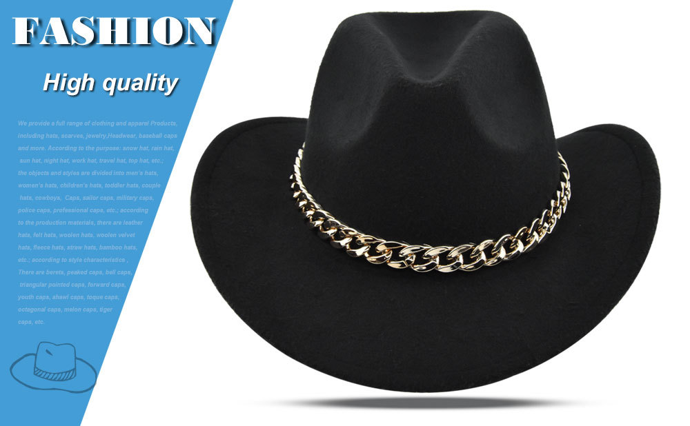 Cowboy jazz gold-plated chain woolen top felt sheep hat, cowboy hat_voghion.com