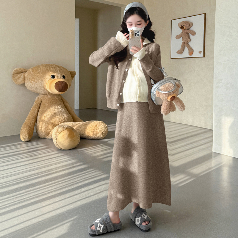 孕妇装2025秋冬新款甜美韩版时尚假两件外套+托腹调节半身裙套装|undefined