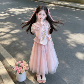女童新中式套装2026夏季新款中大童旗袍上衣网纱蓬蓬裙两件套批发