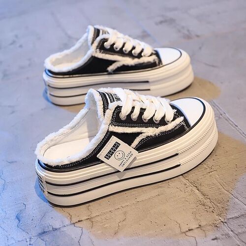 Women's Summer Outwear 2025 New Lace-Up Slides with Canvas Top, Half Slipper Style, No Back, Thick Sole, White Fabric Slippers