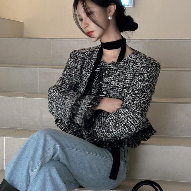Cross-Border Autumn and Winter French Retro Elegant Temperament Splicing Tassel Sleeve Design Small Fragrant Tweed Short Coat for Women