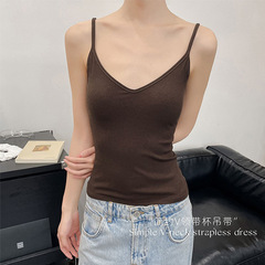 秋冬羊毛磨毛加厚保暖带杯吊带女简约V领显瘦百搭高级感美背背心