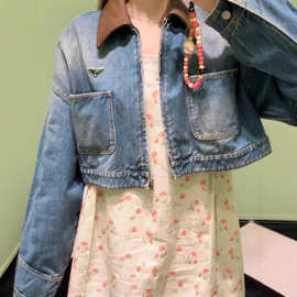 25s南油(现货高版本)p新款咖色皮领拼接两口袋短款牛仔夹克外套女