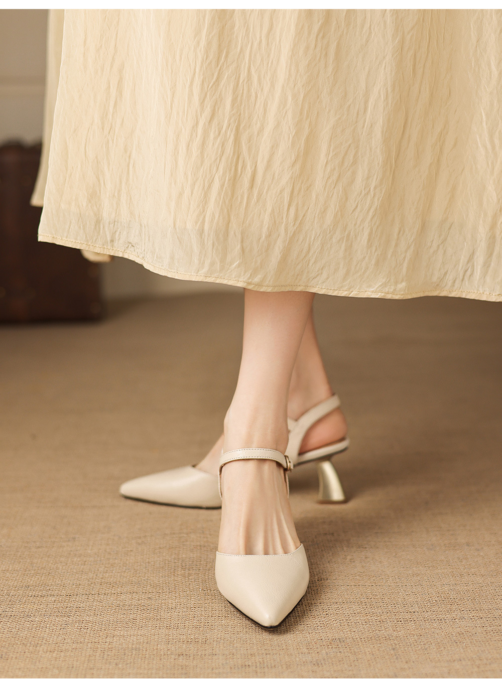 Sandal cao gót nữ mũi nhọn quai ngang da cừu bọc mũi — màu trắng ngà chi tiết 13