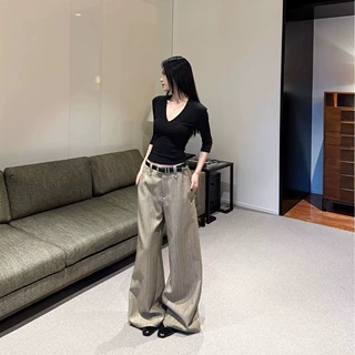 条纹西装阔腿裤春秋新款高腰垂感高级感宽松显瘦加长休闲直筒裤