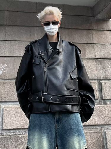 Leather biker jacket, autumnal style, short sleeve men's outerwear, American trend, loose, cool rebel look, PU leather jacket