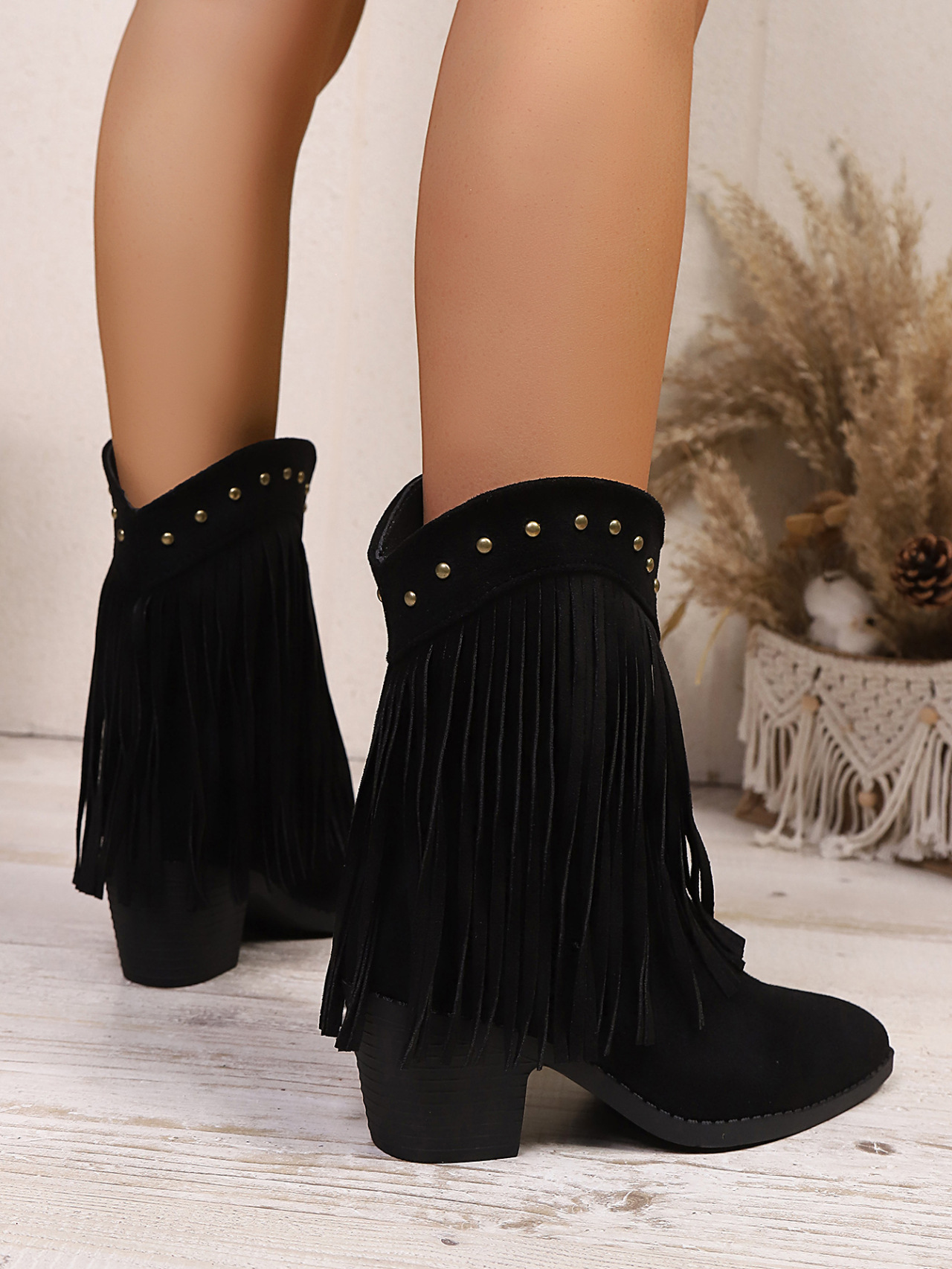 Damen Cowboy Stiefel Aus Wildleder Mit Blockabsatz Und Fransen_voghion.com