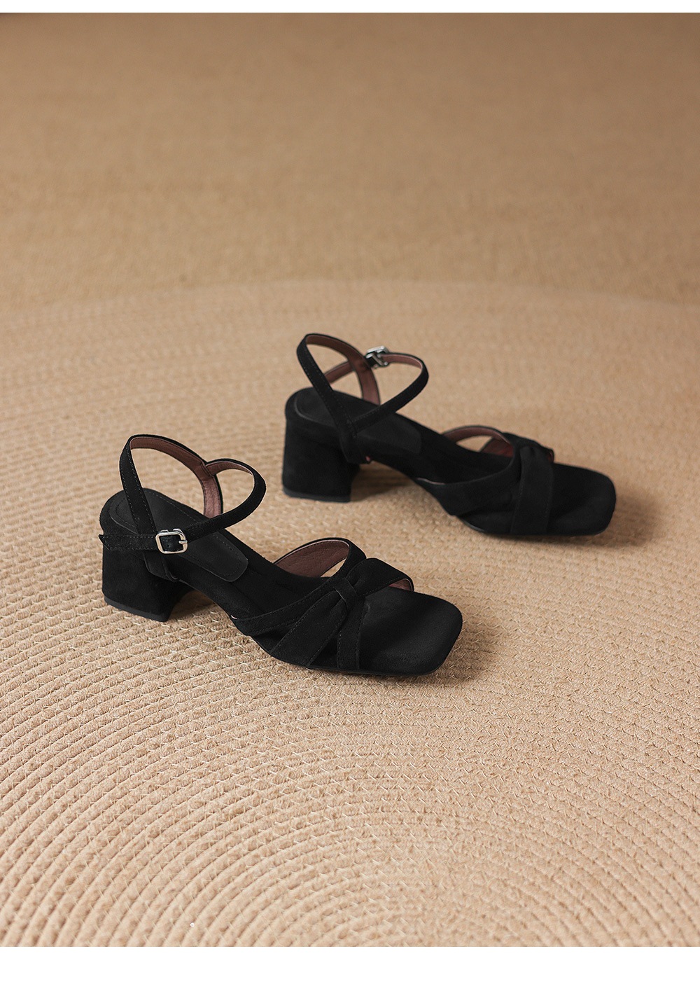 Sandal nữ mũi vuông hở ngón chân da lộn gót thấp quai ngang khóa một dây — màu nâu chi tiết 20