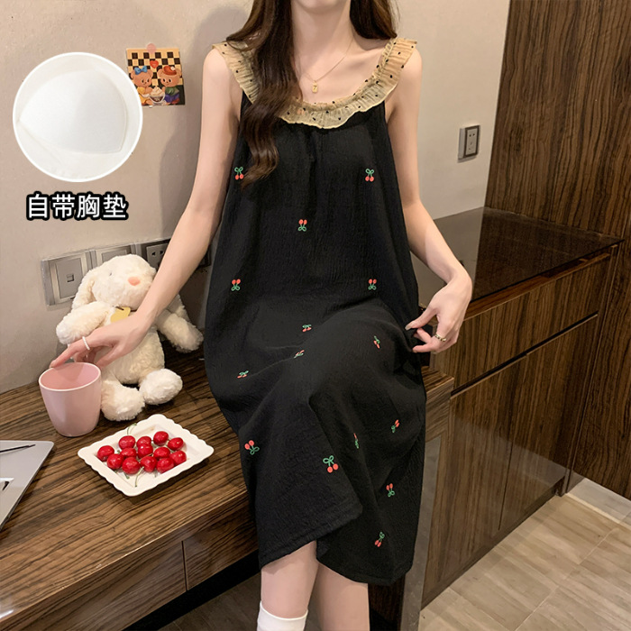 Fabricante pijama de verano encaje pijama de cuello redondo nubes de algodón cómodas y transpirables dulces con cojín de pecho vestido de cabina se puede usar fuera