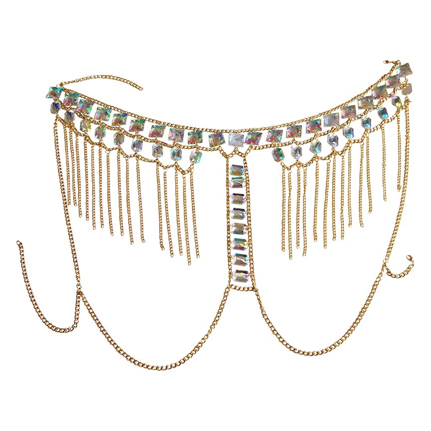 Cadena de pecho de acrílico estilo europeo y americano, cadena de hombro doble moderna y sexy, cadena corporal con gemas para discoteca y playa, a la moda.