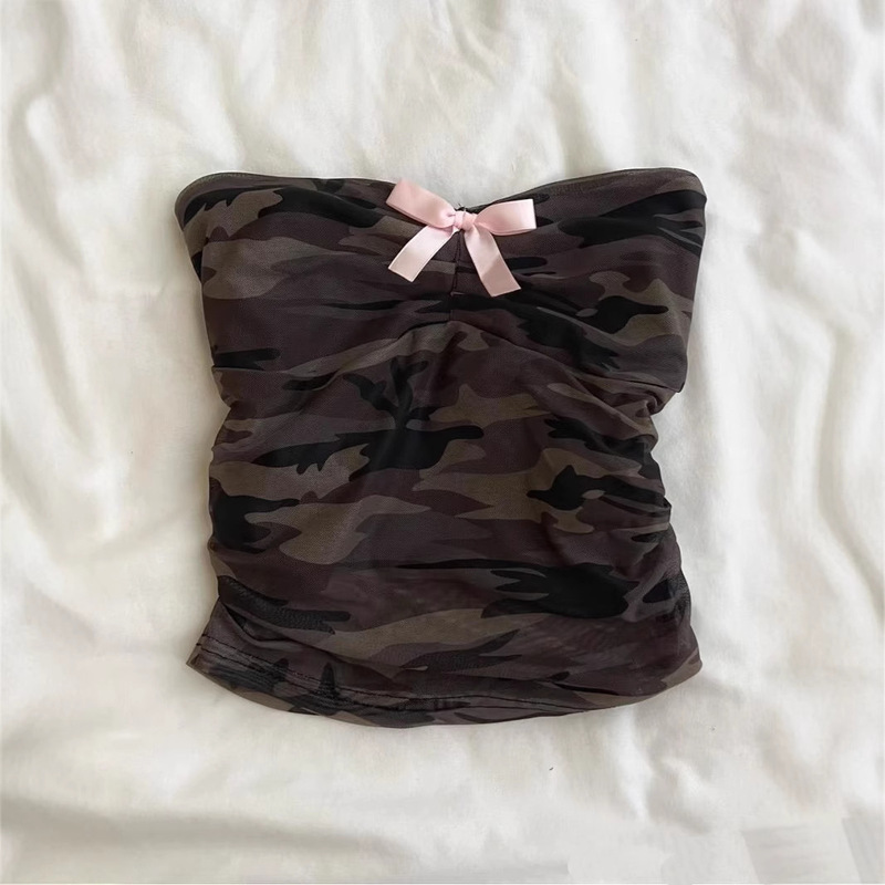 Original American Style Retro Vintage Antique Summer Camouflage Distinctive Y2K Hot Girl Women's Tight Waist Slimming Strapless Vest