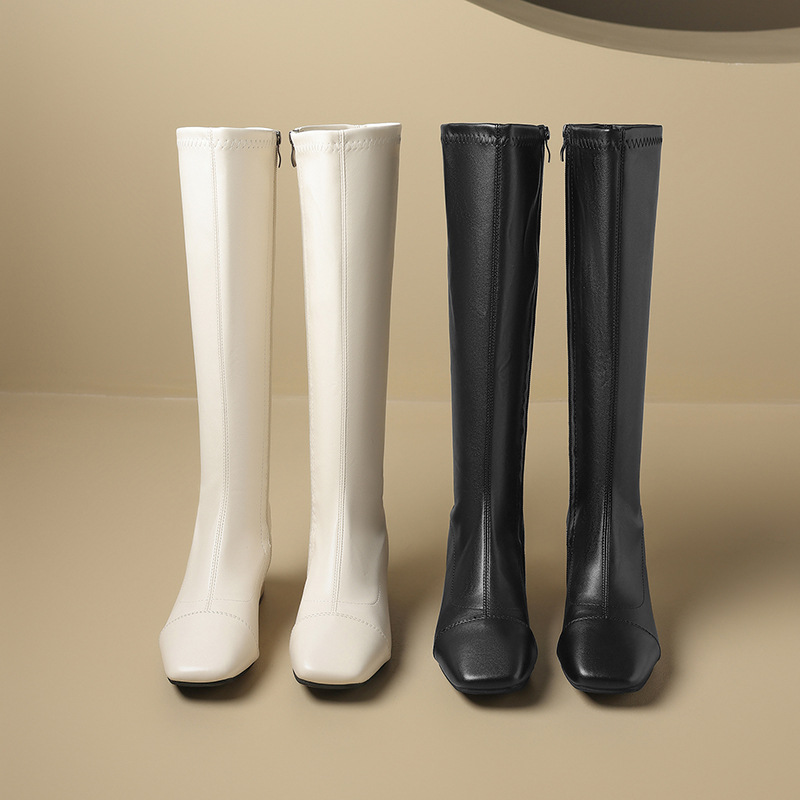 Plus size fleecegevoerde laarzen met middelhoge hak, vierkante neus, uniek hakontwerp, afslankend, elastisch, winterstijl damesschoenen_voghion.com