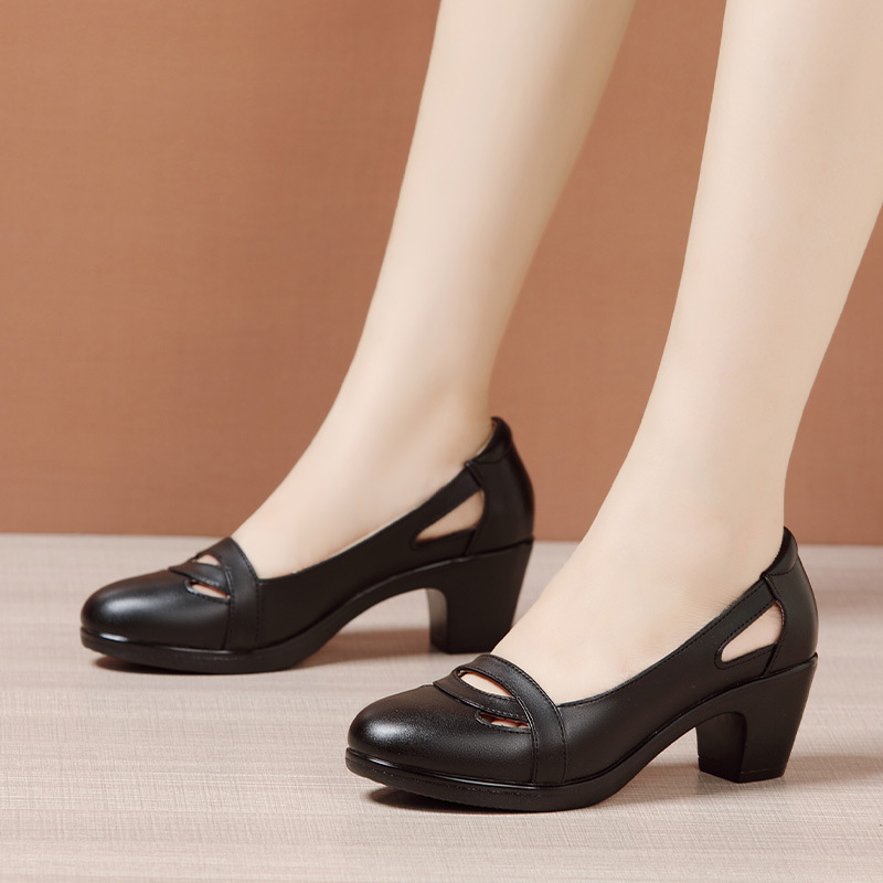 Sandal nữ đế xuồng gót trung bình mũi kín miệng nông, đế mềm, gót 6 cm — Đen 6CM, Trắng 6CM